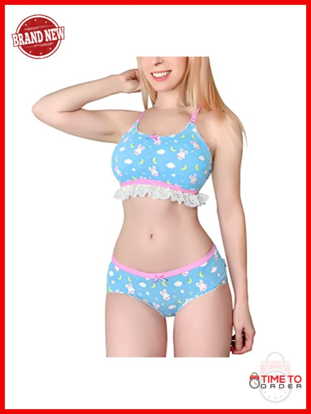 Lingerie Set Lace Trim Bandeau Crop Top Matching Panties Cotton Spandex Plus